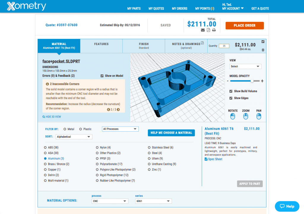 Xometry-Instant Quote Interface